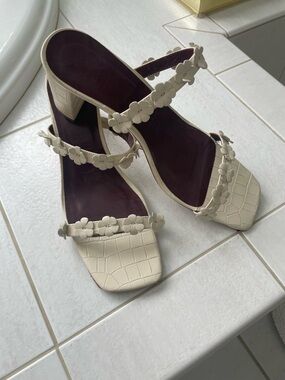 STAUD Cream Croc-Embossed Floral Strap Block Heels